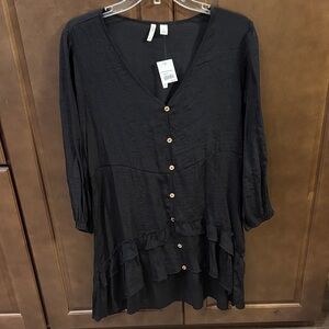 Black Button-Down Ruffle Sheer Tunic